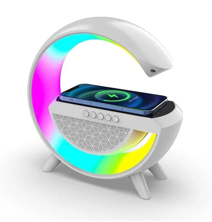 RGB LED Wireless Charging Speaker – Music Sync Ambient Light + Fast Qi Charger + Bluetooth Stereo Sound | Modern Bedside Lamp