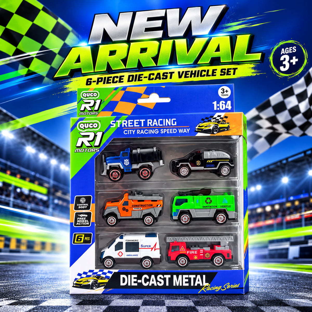 QUCO R1 Motors Street Racing 6-Piece Die-Cast Metal Toy Vehicle Set - 1:64 Scale City & Rescue Cars