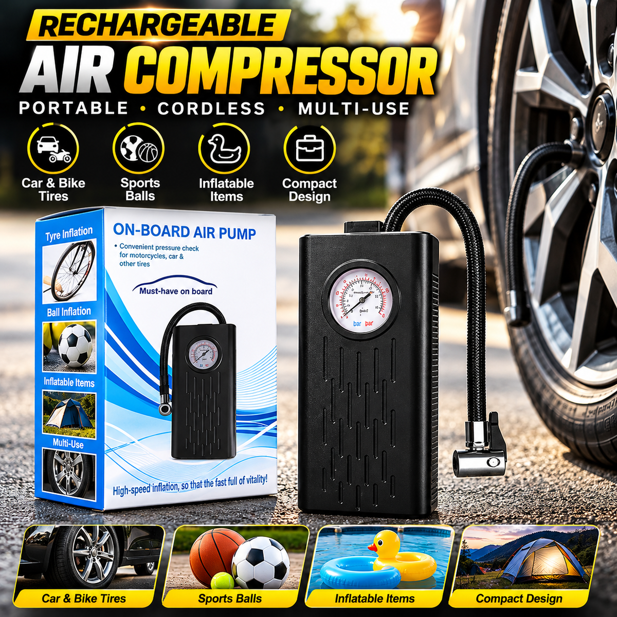 Rechargeable Air Compressor – Portable Cordless Tyre Inflator