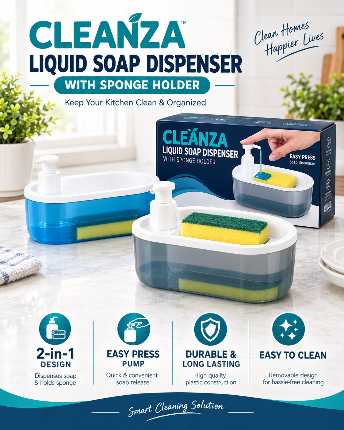 CLEANZA Liquid Soap Dispenser with Sponge Holder